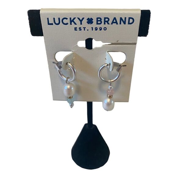 Two Tone Pearl Drop Huggie Hoops - Picture 1 of 6